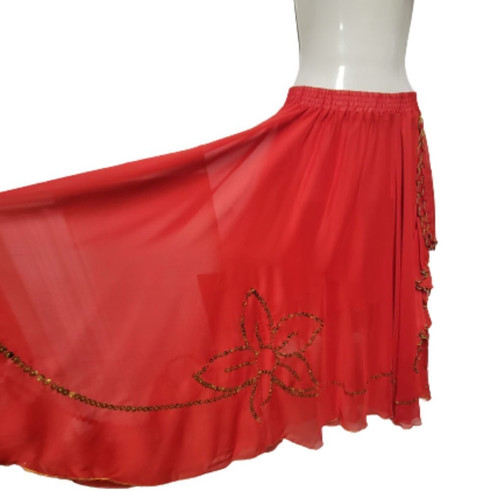 Womens Red Skirt Elastic Waist Skirt Midi Sequin Skirt BellyDance Skirt